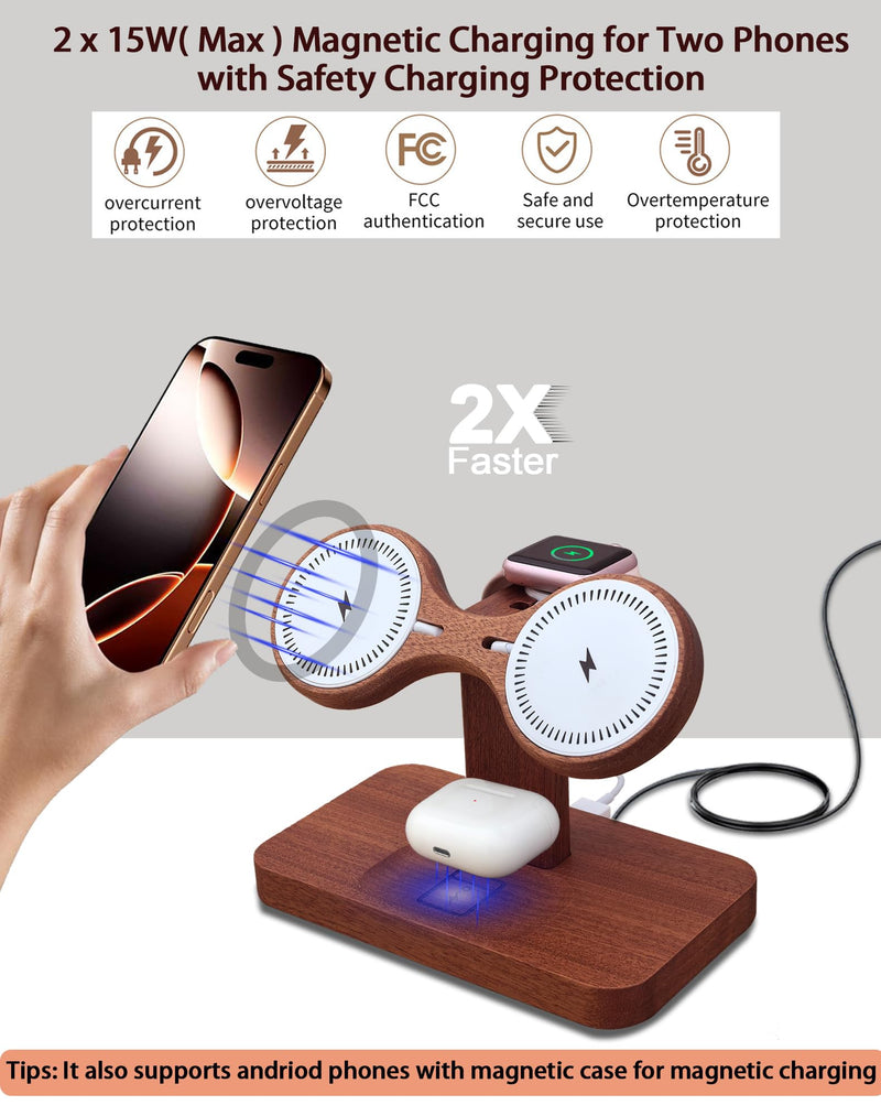 Compatible with Magsafe Dual Phone Charging Station for Apple Devices,Two Phone Wireless Charger for iPhone 17/16/15/14/13,AirPods & Apple Watch,Wood Charger Stand,Gift for Men Dad Boyfriend