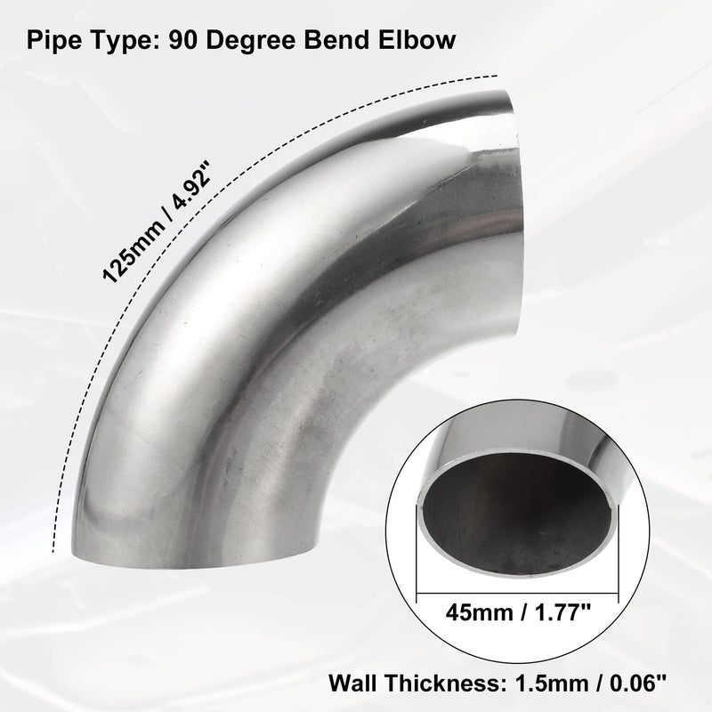 X AUTOHAUX 2pcs OD 1.75 Inch 90 Degree 1.5mm Thickness Mandrel Bend Elbow SS304 Stainless Steel Bend Tube Exhaust Elbow Pipe for Car Modified Exhaust System 1.75"