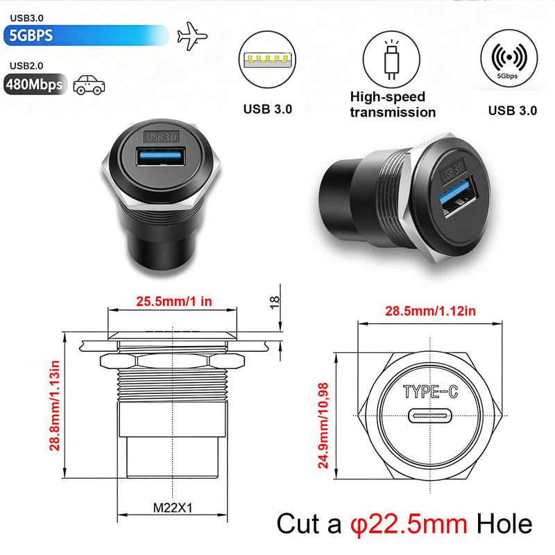 USB 3.0 Threaded Fixed Mount Adapter, USB Type A Female to Female Embedded Panel Mount Adapter, Socket to Socket Pass-Through Coupler 5Gbps Data 5V/1A Charger