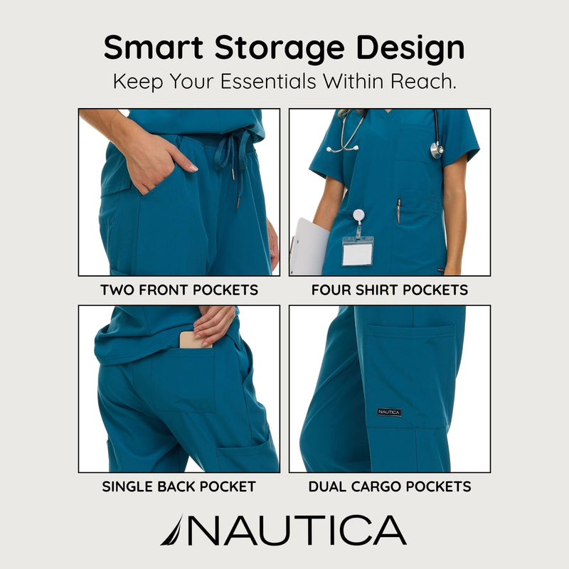Nautica Women's Scrub Set, 9-Pocket Breathable & Stretchy Pants & Tops Carribean Medium