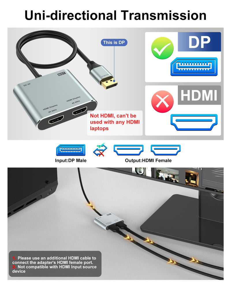 DisplayPort to Dual HDMI Adapter, 4K@60Hz HDMI Splitter Extended Display 1 in 2 Out MST Hub for Dual Monitors, Display Port to HDMI Splitter for PC, NVIDIA, AMD Graphic Card