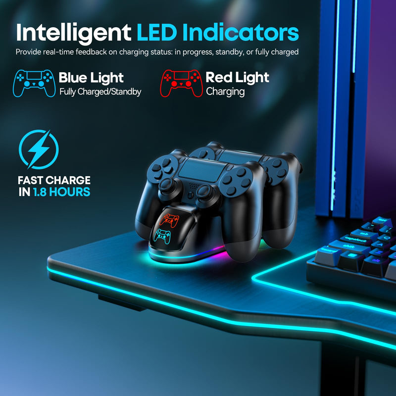 Charger Station for PS4 Controller, Dual Fast Charging Dock for PS4/Slim/Pro Dual Shock 4 Controller, PS 4 Remote Controller Charging Stand with 9 Modes RGB Light & LED Indicator PS4-6.54inch All-Black