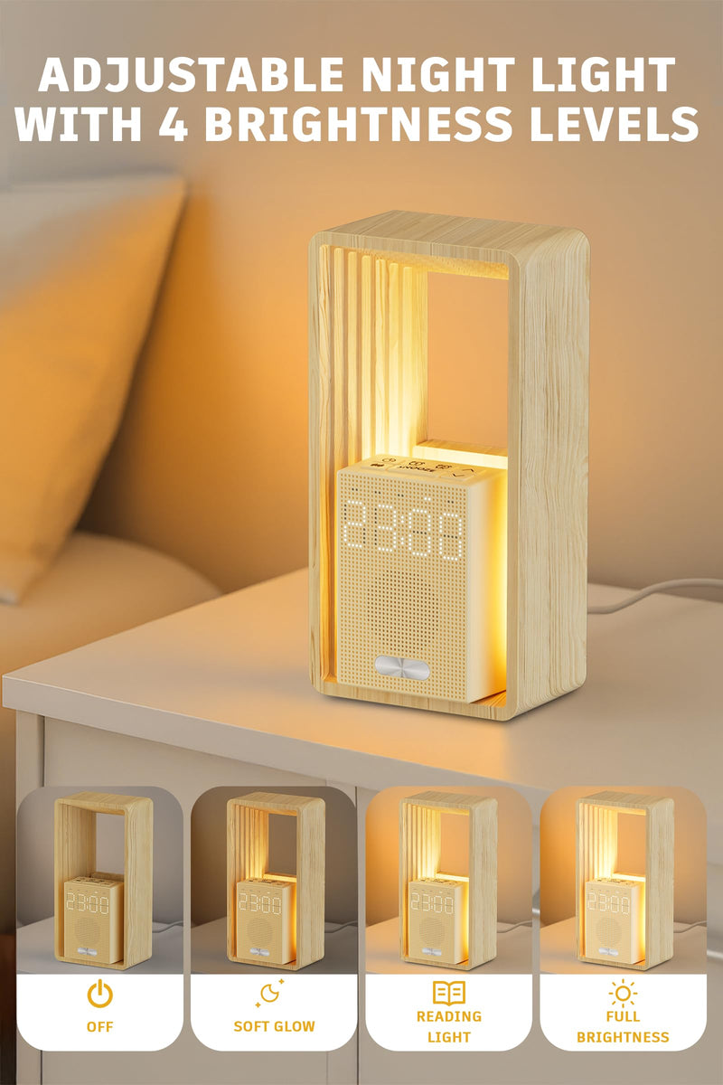 Sunrise Alarm Clock with Wake-Up Light: Dual Alarm White Noise Sound Machine with USB Charger, 9 Sleep Aids, Dimmable Display, Auto Timer, Ideal Night Light for Heavy Sleeper, Kid, Bedroom Wood grain color