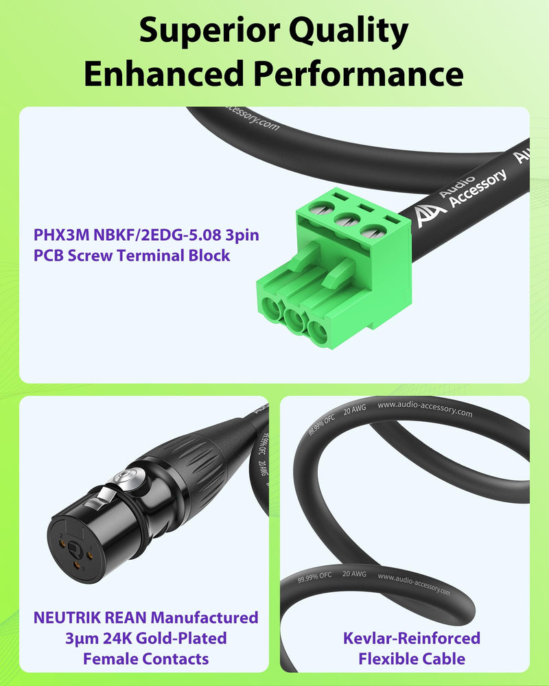 AA AUDIO ACCESSORY XLR to 3-pin Phoenix Cable 2ft, Neutrik REAN XLR Female Connector, XLR 3P Female to PHX3M NBKF/2EDG-5.08 3pin PCB Screw Terminal Block Adapter Connector Cord for Speaker, DSP, Mixer