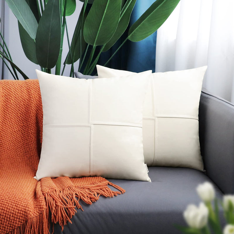 BRAWARM Faux Leather Throw Pillow Covers 22 X 22 Inches, Cream Leather Pillow Covers Pack of 2, Hand Stitched Leather Decorative Throw Pillows for Couch Sofa Bed Living Room Home Garden 22" x 22" (Pack of 2)