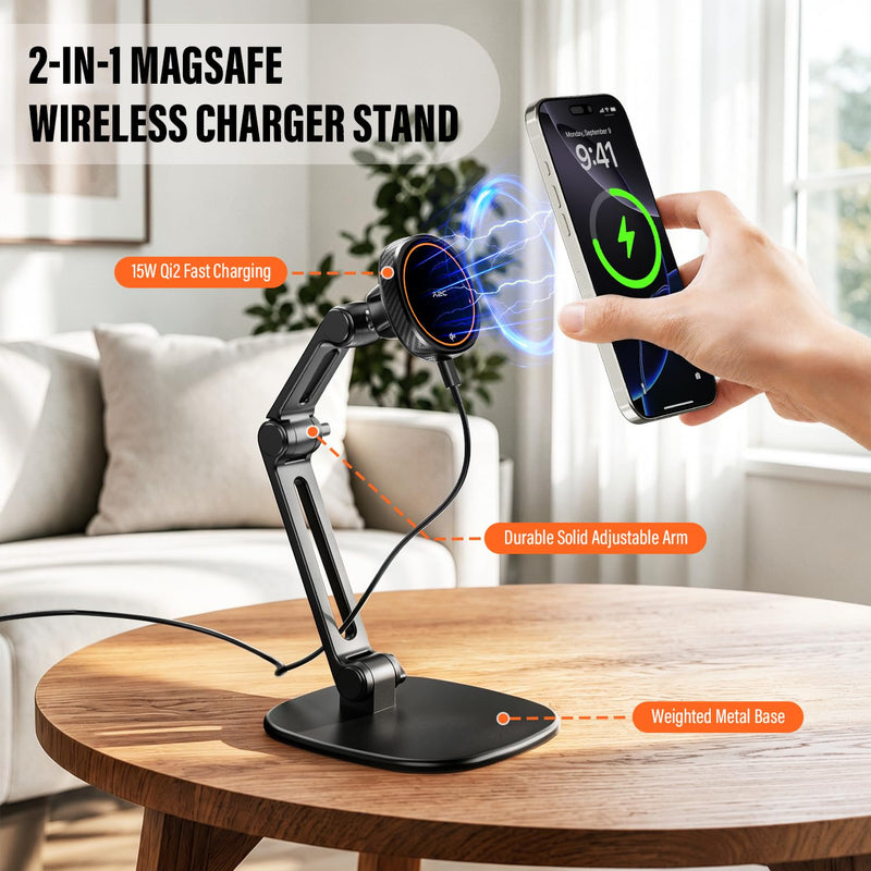 APPS2Car Qi2 15W Wireless Charger Stand Adjustable Phone Holder for Desk | 17 N52 Magnets, Built-In Cooling Fan, Height-Adjustable Foldable Arm, 360° Rotation, Weighted Anti-Slip Metal Base Black - Wireless Charging Stand