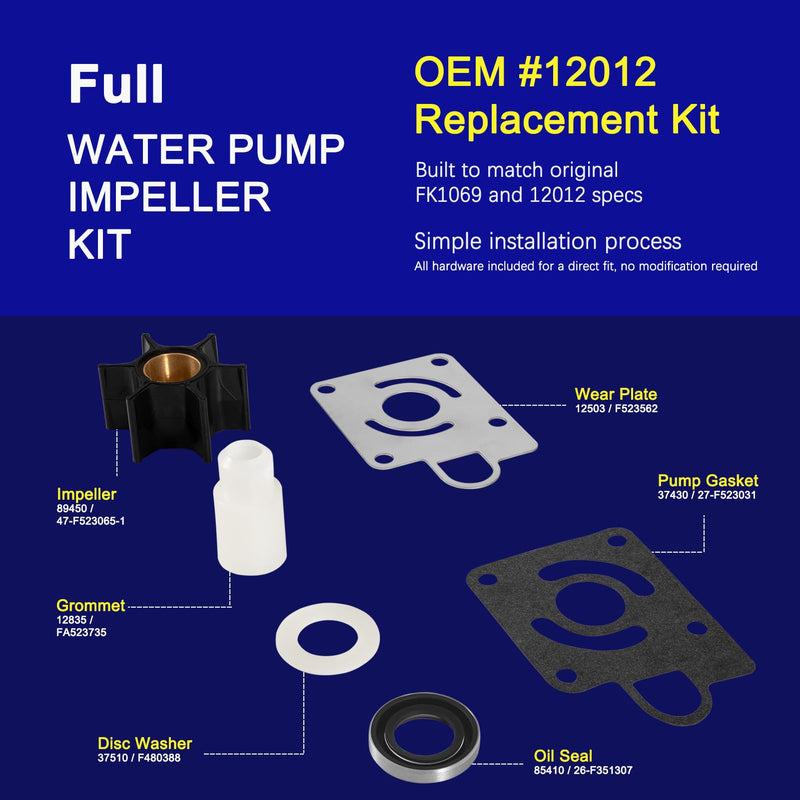 Water Pump Impeller Kit #12012 / FK1069 for Chrysler Force & Mercury 75-140 HP Outboards (1979-1989) – Full Impeller, Oil Seal & Hardware Rebuild Kit