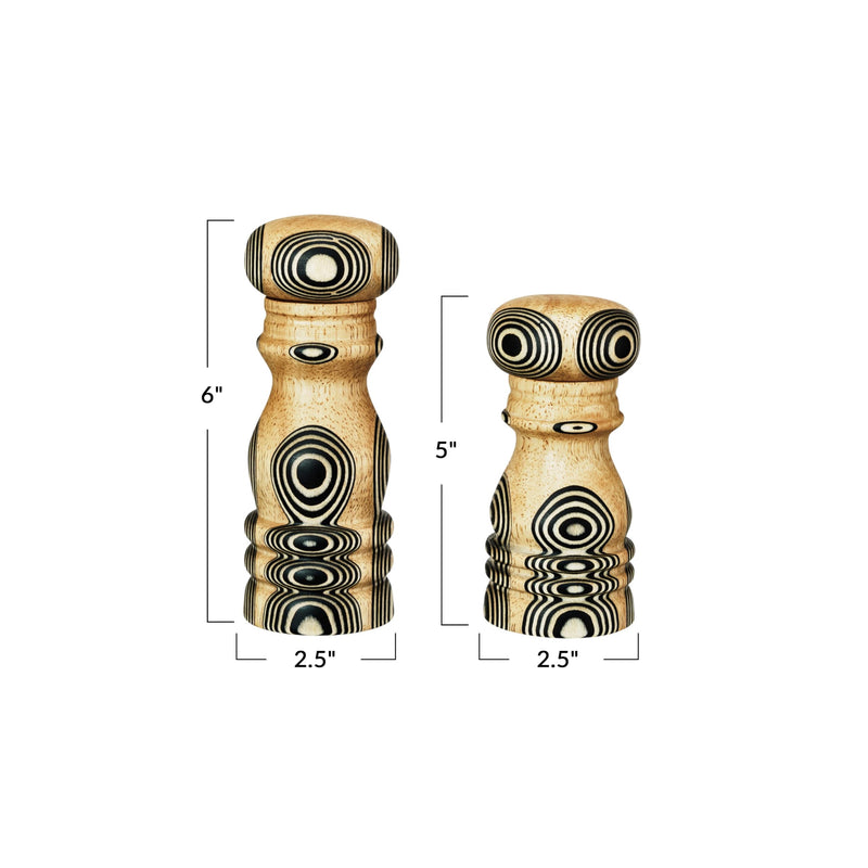 Bloomingville Wood Salt and Pepper Mills with Inlaid Circles Design, Natural and Black, Set of 2