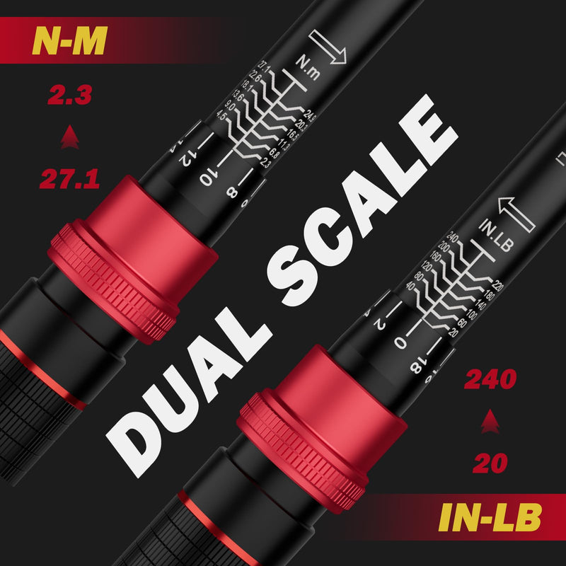 1/4-inch Drive Click Torque Wrench, 20-240 in. lb/2.3-27.1 Nm, Inch Pound Torque Wrench Set with 1/4" to 3/8" Adapter, 10cm Extension Bar, Small Bike Torque Wrench for MTB, Bicycle Maintenance 1/4-Inch 20-240 In.lb/2.3-27.1 Nm