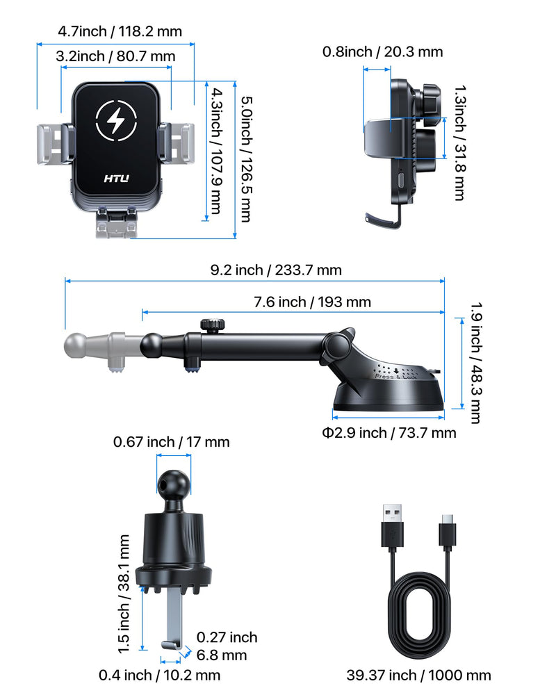 2026 Upgraded Wireless Car Charger Mount, 【Strongest Suction & Military-Grade Certs】 15W Fast Charging Auto-Clamping Phone Holder for Dash Windshield Air Vent, Fit for iPhone & Android, Jet Black