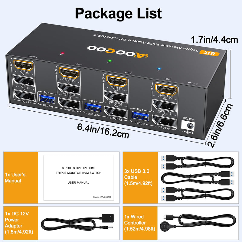 8K@60Hz HDMI2.1 Displayport KVM Switch 3 Monitors 3 Computers 4K@144Hz Triple Monitor KVM Switches with USB 3.0 Port,Wired Remote,Power Adapter and USB3.0 Cables(3 PC 3 Monitor 8K DP HDMI2.1 KVM) 3 PC 3 Monitor 8K DP HDMI2.1 KVM