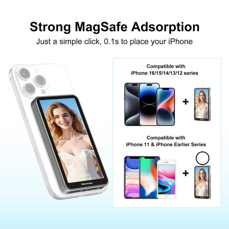 Newmowa Touchscreen Phone Vlog Selfie Monitor Screen, Magnetic Wireless Back Camera Selfie Monitor with Focus Adjustment ONLY for iPhone, Support 4K 30fps Wireless Recording for iPhone 15/16(Grey) Grey