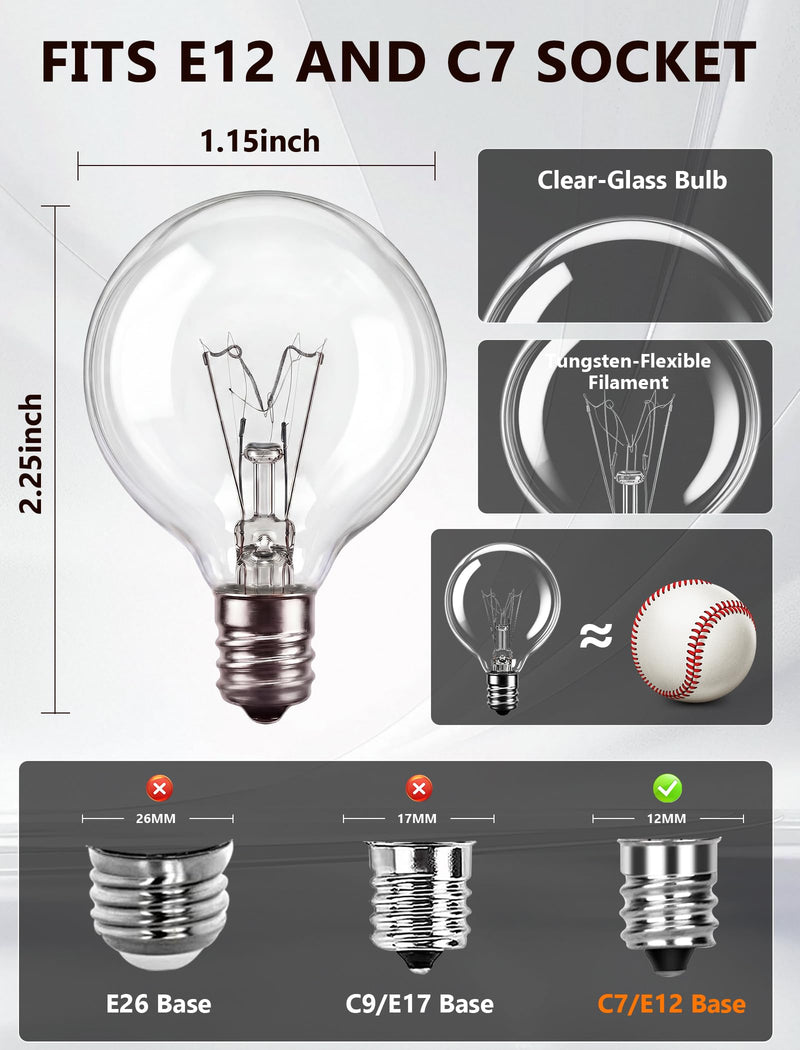 GOOTHY 50 Pack G40 Replacement Light Bulbs, 5W Incandescent Bulbs with E12 Candelabra Base, Clear Globe Replacement Light Bulbs for Outdoor String Lights Patio Backyard Garden Wedding Christmas Decor