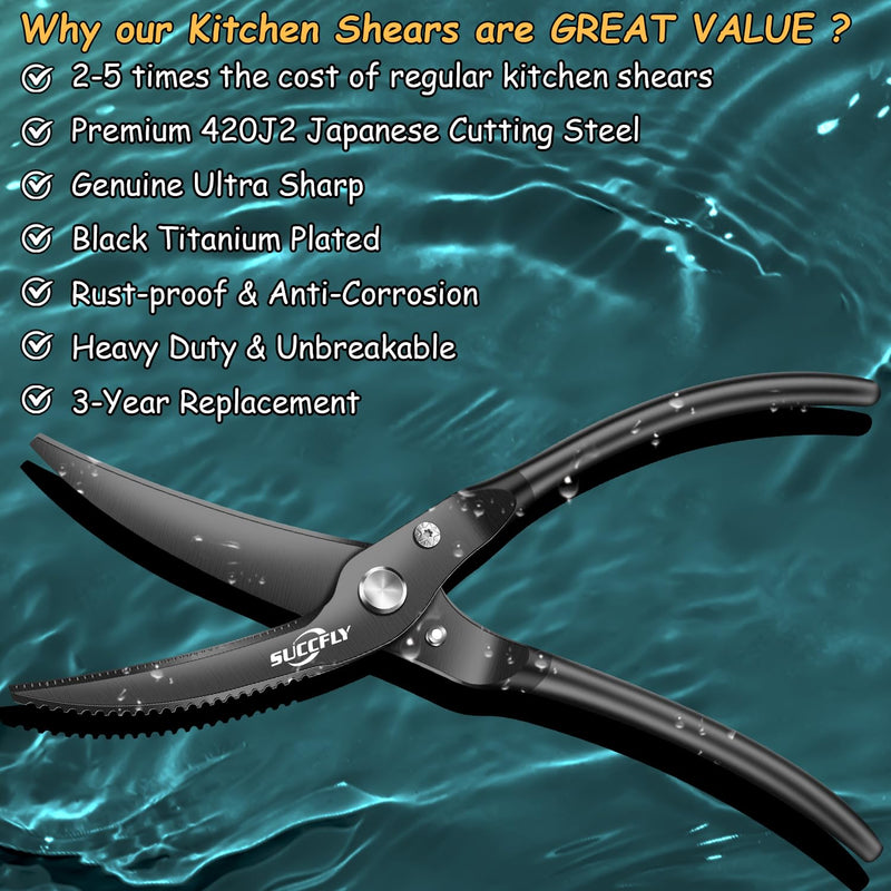 Kitchen Shears Heavy Duty, Premium Kitchen Scissors Stainless Steel, 8.8" Poultry Shears Ultra Sharp for Bone Chicken Meat, Food Scissors Anti-Slip Handle, Black Titanium Plated, Spring Loaded Poultry Shears 10.2 Inch