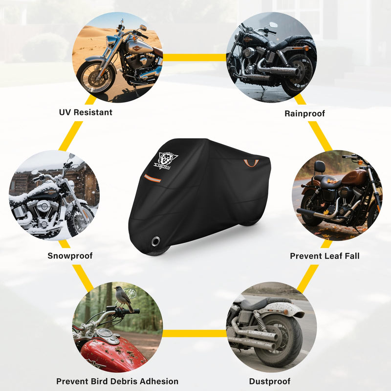 XYZCTEM Motorcycle Cover Waterproof Outdoor All Season Protection Motorcycle Storage Night Reflective Handles with Lock-Holes Storage Bag Fits up to 108" Motorcycle Vehicle Covers, Black 108"