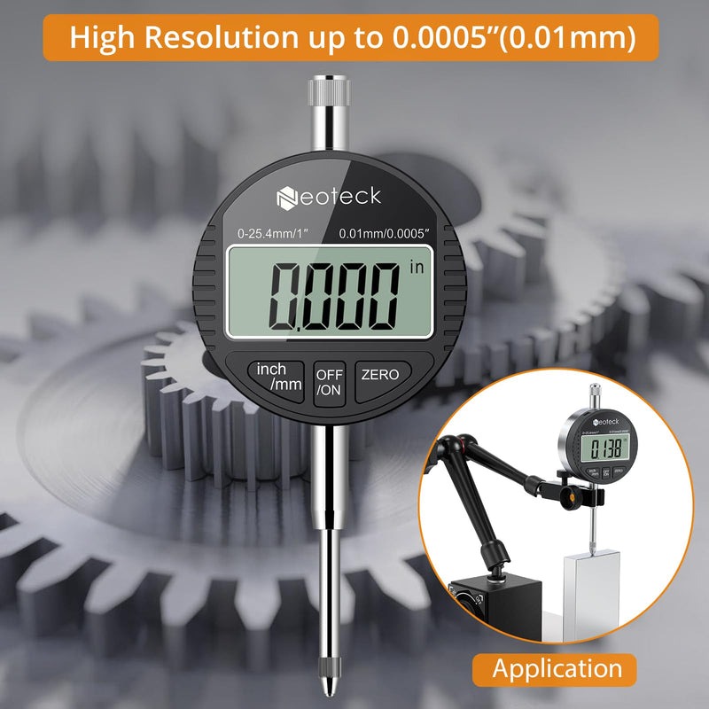 Neoteck Electronic Digital Dial Indicator Gage Gauge 0-1 Inch/25.4 mm Inch/Metric Conversion Auto Off Featured Measuring Tool for 3D Printer Leveling, etc. - Black 0-1''/0.0005''