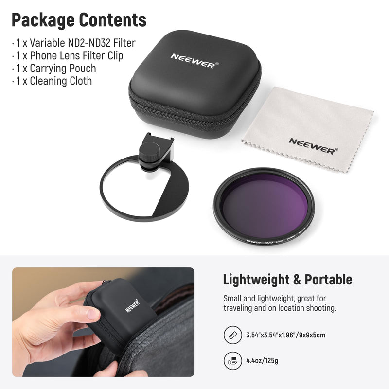 NEEWER 67mm Clip On Variable ND2-ND32 Phone Lens Filter Kit, Phone Clip with Threaded Adapter Ring/Cold Shoe/Locking Knob, HD Variable ND Filter for iPhone 15 Pro Max 14 13 Galaxy S22 S23 S24 Ultra