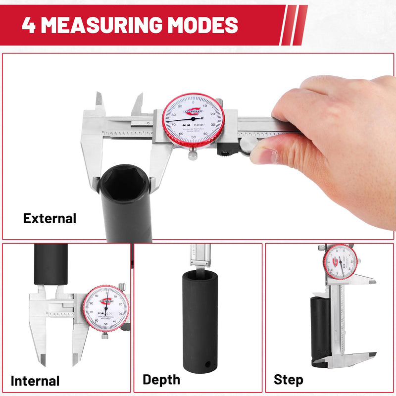 0-6" Range SAE Dial Caliper Measuring Tool, Analog Precision Micrometer Caliper ±0.001" Accuracy, Manual Mechanical Metal Stainless Steel Measuring Dial with 4-Way Measurements
