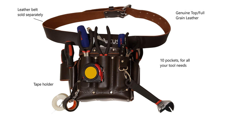 LAUTUS Top/Full Grain Leather Tool Pouch Bag | Electrician/Contractor, Electric Bag | 10 Pockets | 100% Leather Dark Brown