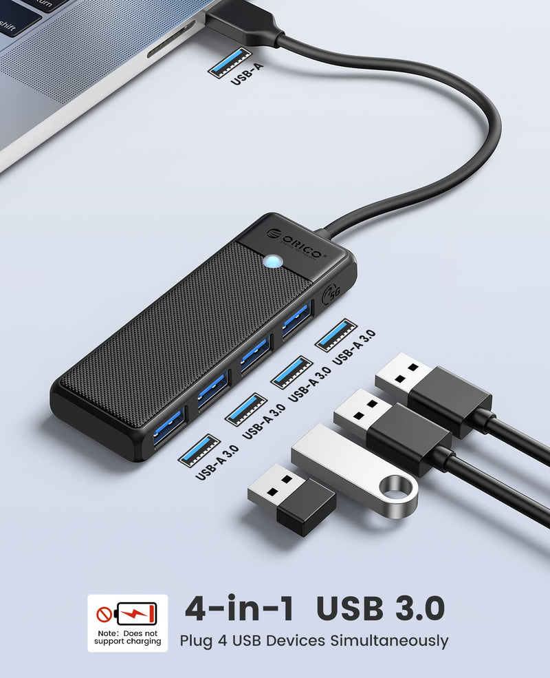 ORICO USB 3.0 Hub, 4-Port USB Hub, Ultra Slim USB Splitter for Laptop for MacBook, Mac Pro, iMac, Surface Pro,XPS, PS5, PC, Flash Drive, Mobile HDD(Black/0.5ft) 0.5FT Black/USB-A