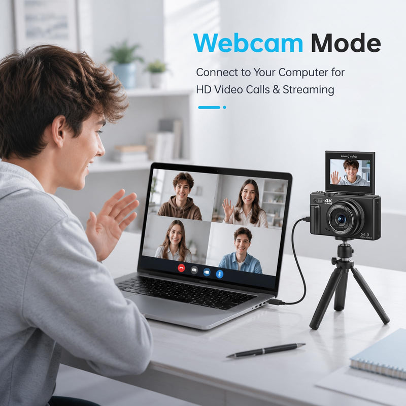 4K Digital Camera for Photography, 64MP Vlogging Camera with 180° Screen | Compact Point And Shoot Camera With WiFi, 32GB Card, 2 Rechargeable Batteries, Portable Travel Camera, Black