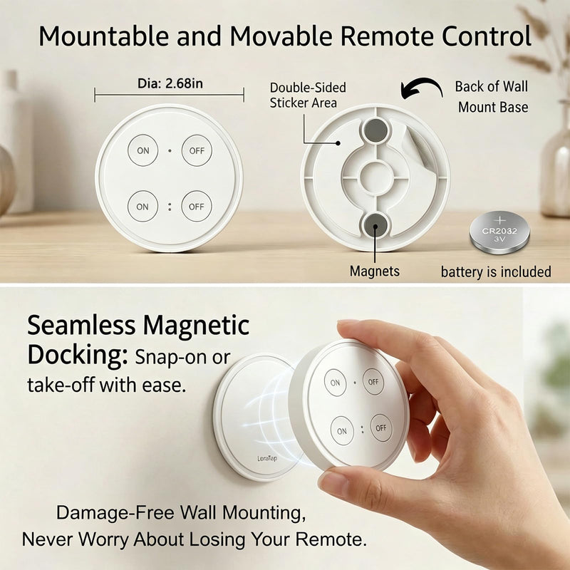 LoraTap Wireless Outlet (2 Pack) - Ergonomic Round Remote (Comfort Grip!) + Magnetic Wall Base - Stick & Grab, No Wall Damage - 15A/1875W 100ft Range - Control for Hard-to-Reach Sockets 2 Pack Slim Oval 15A Outlet