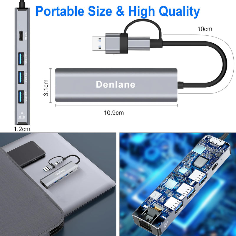 USB C USB 3.0 to Ethernet Adapter, 5 in 2 Gigabit USB Ethernet Hub for Laptop with 4-Port USB-A 3.0 and USBC, 1000Mbps RJ45 LAN Network Adapter Compatible with MacBook/iPad Pro/Phone/Tablet