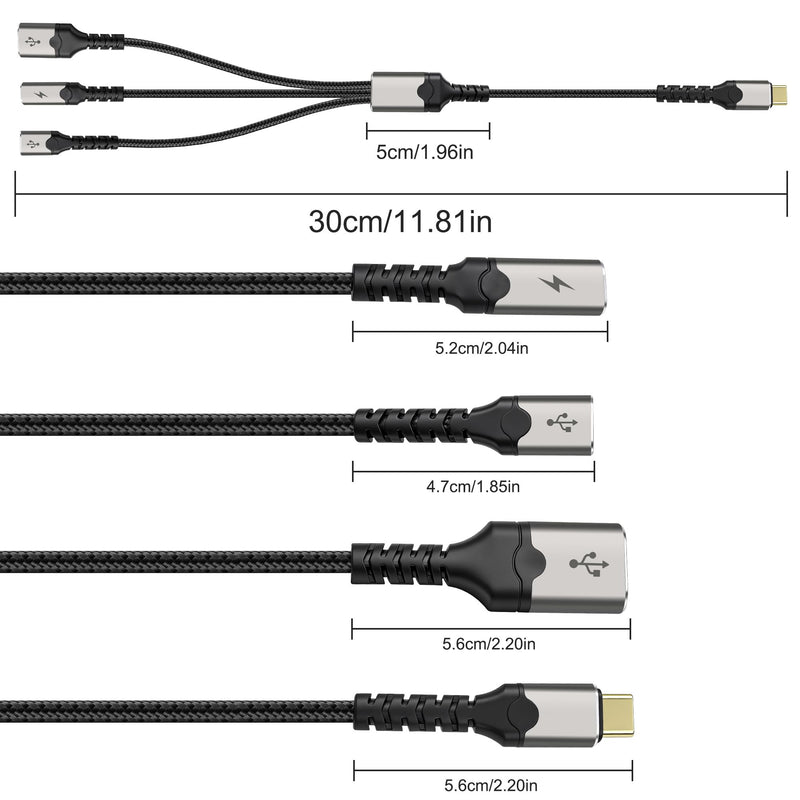 XMSJSIY Type-C Male to 2 USB-C Female& 1 USB-A Female Y Splitter Cable | 1 in 3 Out Charging Cable PD 60W Fast Charging and OTG Port Data Transfer Converter Cable - 30CM/11.8INCH