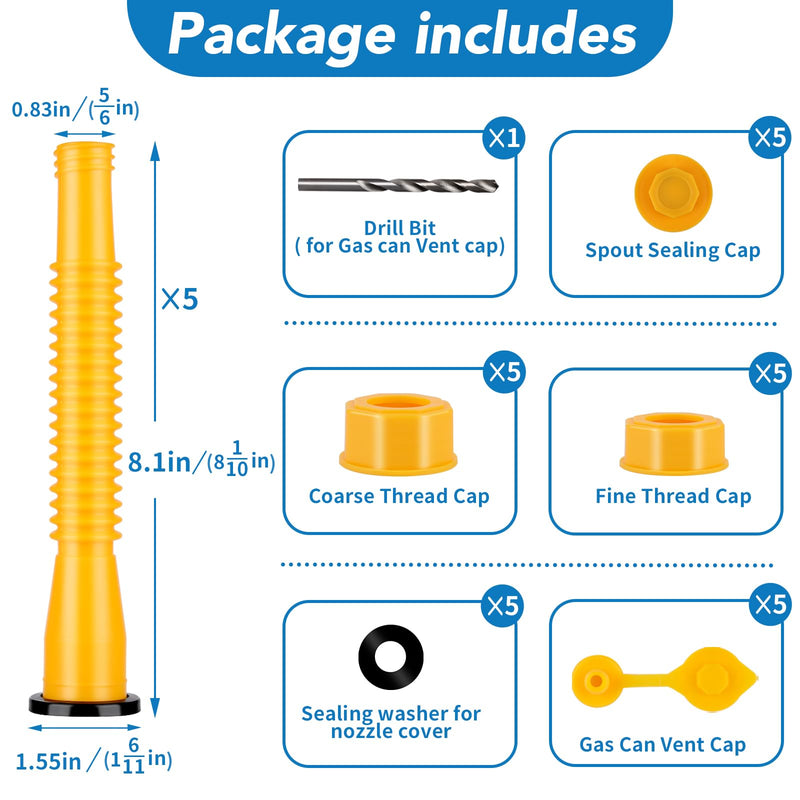 5 Kit Gas Can Spout Replacement Kit, Gas Can Nozzle Replacement, Flexible Pour Nozzle Fit For 1/2/5/10 Gallon Gas Cans, Fuel Can Spout Replacement (Yellow)