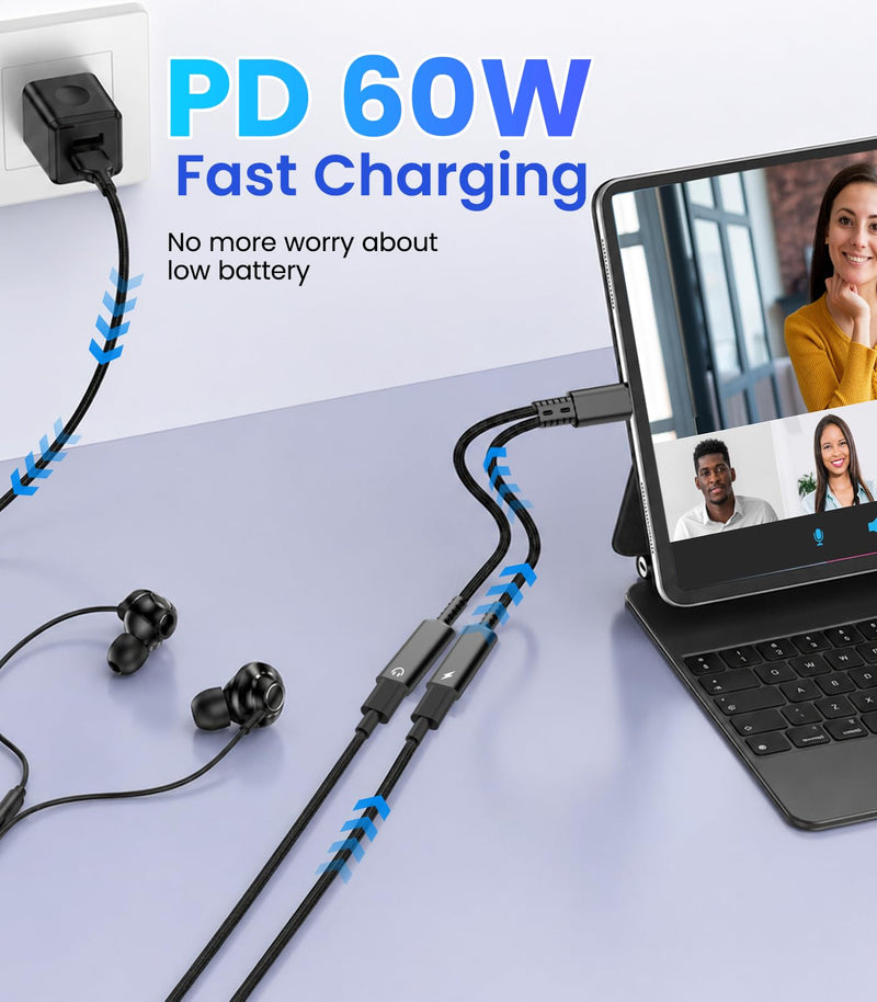 USB C Splitter 1 in 2 Out, Dual USBC Splitter with Charger & Headphone | USB-C Audio Adapter with PD 60W Fast Charging, Type C Dongle Cable for Apple iPhone 15 16 17/iPad Pro/Pixel/Galaxy