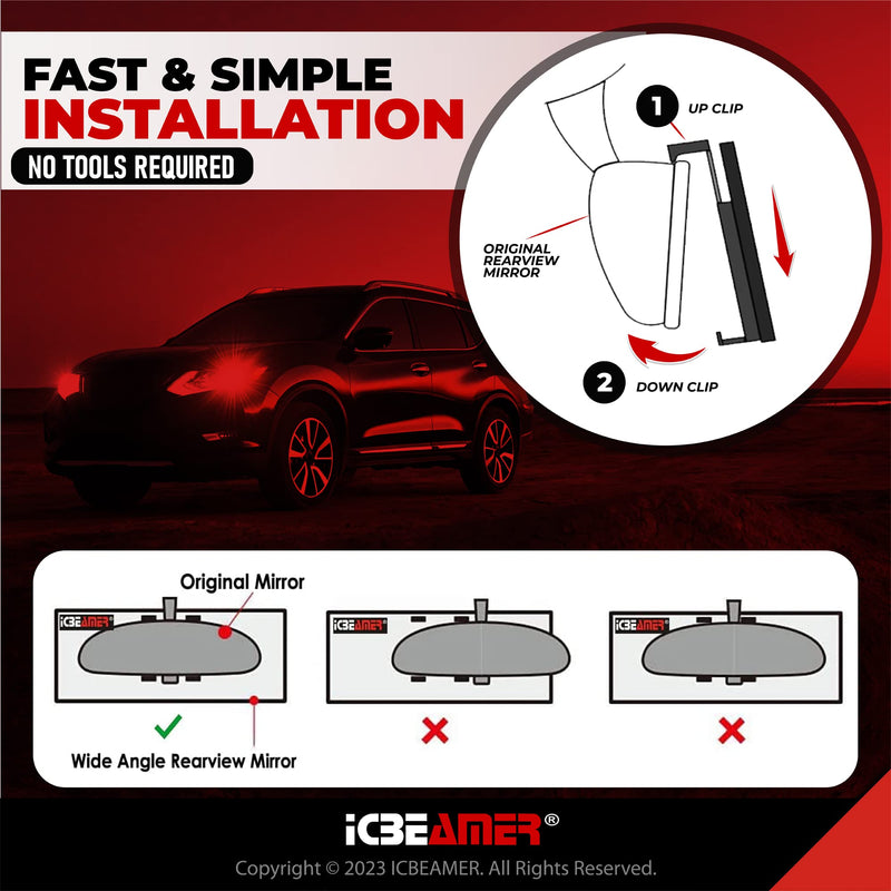 15.8" ICBEAMER Clip On Rear View Mirror | Flat Clear Tint Glass, Panoramic Wide Angle HD Glass, Anti Glare, Universal Fit for Car, SUV, Truck | Eliminates Blind Spots (1 Pack) 15.8"- Flat