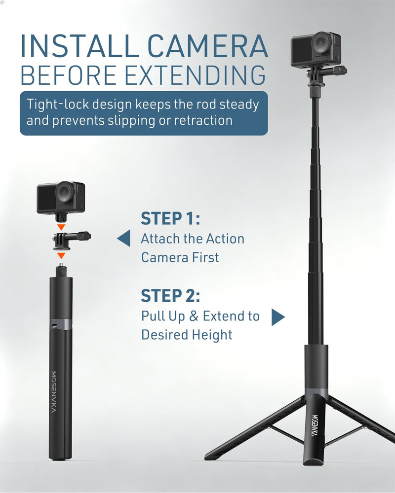 65'' Invisible Selfie Stick Tripod for Insta360 X5/X4/X3/GO 3s/Ace Pro 2/X2 | Auto Pop Open Action Camera Tripod | 2-in-1 Extendable Rod for Luna Ultra/DJI Osmo Pocket 3/4/360/Action 5/4, for GoPro 13/12