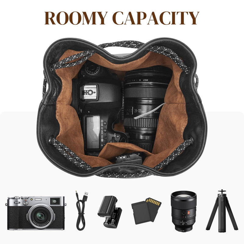 S-ZONESoft Leather Camera Insert Bag Drawstring Camera Pouch DSLR Lens Case | Top Grain Lambskin Leather, Drawstring Closure, Dust-proof, Scratch-resistant, Compatible with Canon Nikon Sony Large