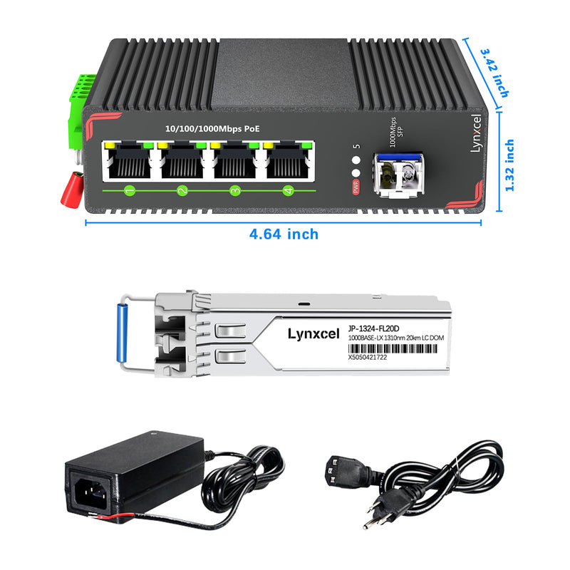 5-Port Industrial PoE Gigabit Din Rail Ethernet Switch, 4 x Gigabit PoE+ Ports, 65W PoE 48V Output, 1 x SFP Gigabit Slot with One Gigabit SFP LC Module, IP40 Unmanaged, with Power Supply 5 Port Gigabit PoE + LC Module