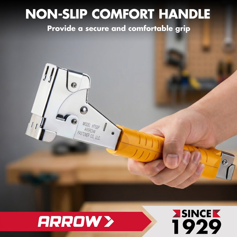 Arrow HT50 Heavy Duty Hammer Tacker, Chromed-Steel Manual Stapler with Sure-Grip Handle, Dual-Capacity Rear-Load Magazine, Fits 5/16”, 3/8", or 1/2" Staples (1-Pack)