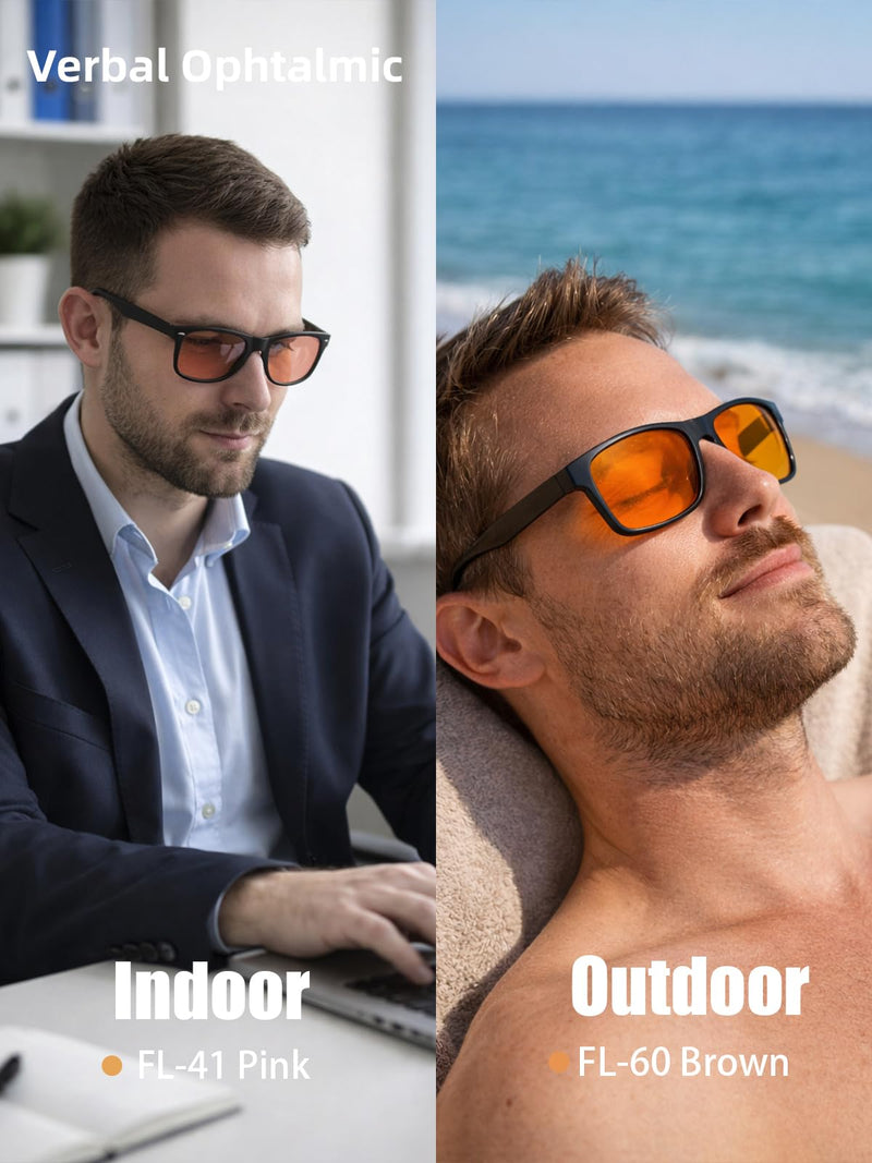 FL-41 and FL-60 Light Sensitivity Migraine Bluelight Glasses Man | Photophobia Eyestrain Glasses, Blue Light Blocking Glasses, Fluorescent Light Glasses, UV Protection, Computer LED Glare Pink/Brown