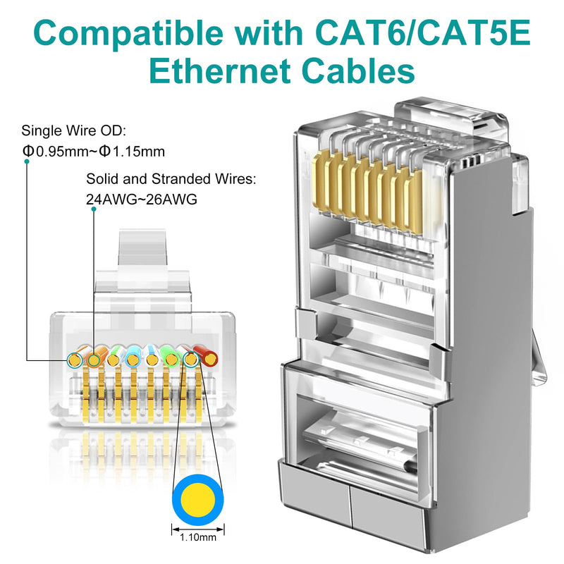 Brileine 100-Pack Cat 6 Pass Through Shielded RJ45 Connectors with RJ45 Boots Cover (Cat6 Connector/ Cat5e Connector/Ethernet Ends/Cat 6 Ends/ RJ45 Modular Plugs) for Solid or Stranded STP Cable 100+100