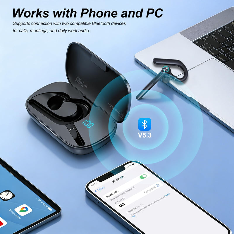 ONE LIFE Bluetooth Headset with Microphone, Bluetooth Earpiece for Work, Wireless Headset with Mic, 15H Talk Time, 500mAh Charging Case, Bluetooth 5.3, LED Display for Office, Laptop, Phone, Driving Black