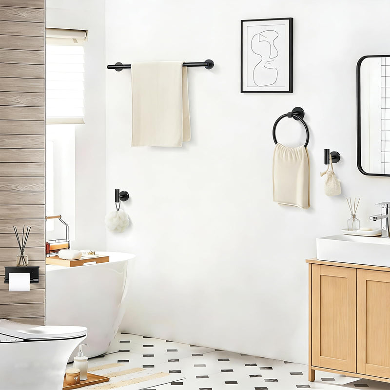 5-Piece Matte Black Bathroom Accessories Set, 24-Inch Wall-Mounted Towel Bar, Toilet Paper Holder with Shelf, SUS 304 Stainless Steel Bath Hardware, Towel Rack for Bathroom, Kitchen, Laundry Room