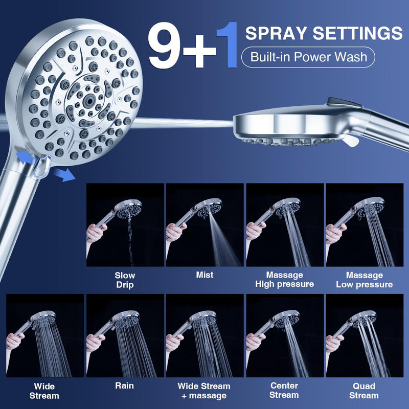 PALAS Filtered Shower Head with Handheld, High Pressure 10-Mode with Filters, Built-in Power Wash, soften hard water Remove Chlorine, Reinforced Hose, Overhead Bracket, Anti-clog nozzle (Chrome) Chrome