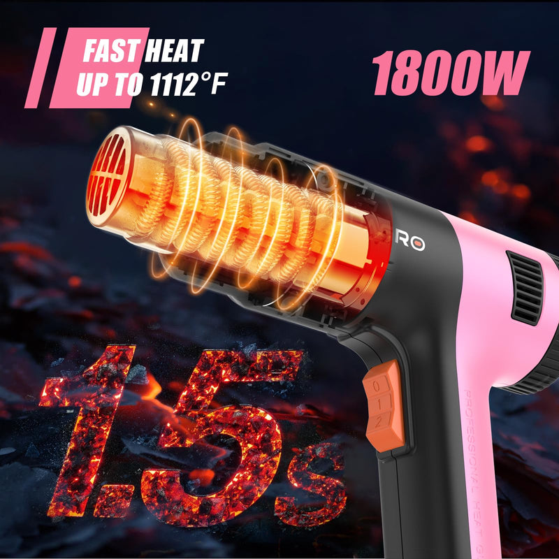 Heat Gun for crafting 1800W, 122℉~1202℉ Variable Temperature Control with 2-Temp Settings 4 Nozzles, 1.5s Fast Heating Mini Heat Gun for Resin, Shrink PVC Tubing/Crafts and Vinyl Wrap（Pink） 1800w Pink