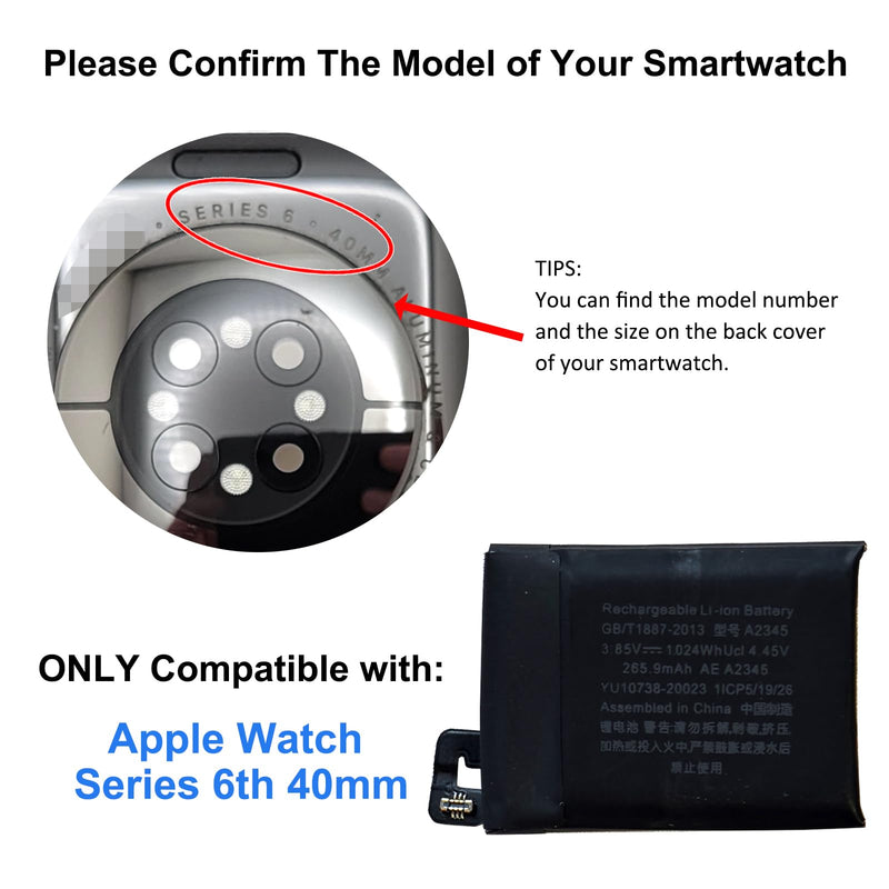 Replacement Battery Kit Compatible with Apple Watch Series 6 40mm, with Tools, Manual, Tape