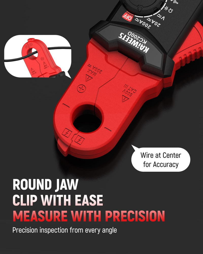 KAIWEETS Digital Clamp Meter with Round Jaw, Automotive Multimeter, NCV, 2000 Counts, Amp Voltmeter, Accuratly Measure AC/DC Current & Volatge, Resistance, Diode, Capacitance, Continuity, Frequency Red