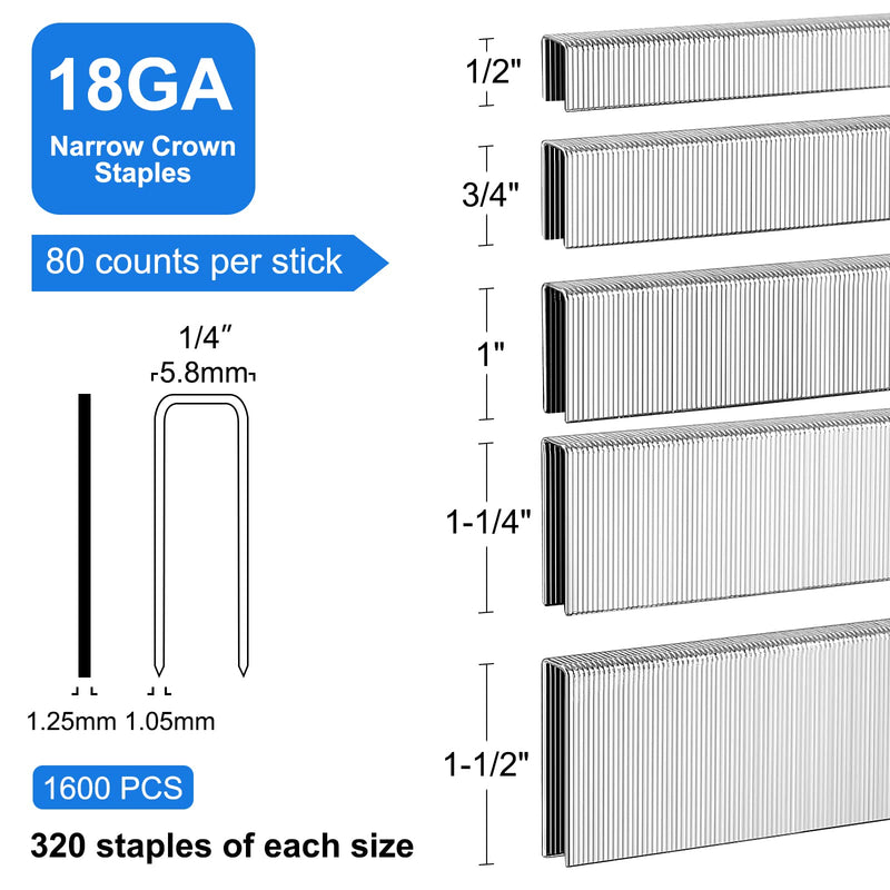 18 Gauge 1/4" Narrow Crown Staples 1-1/2",1-1/4" 1", 3/4", 1/2" | 304 Stainless Steel, Assorted 1600 pcs for 18 GA Pneumatic or Electric Stapler or Staple gun,Project Pack 1/2"+3/4"+1"+1-1/4"+1-1/2"--1600pcs