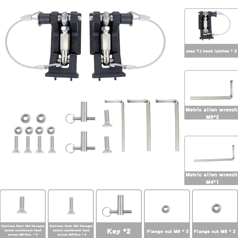 TJ Hood Latches for Jeep Wrangler, Locking Hood Latch for 1997-2006 Jeep Wrangler TJ Accessories, Upgrade, Eliminate Hood Flutter Bounce,1Pair For 1997-2006 Jeep TJ