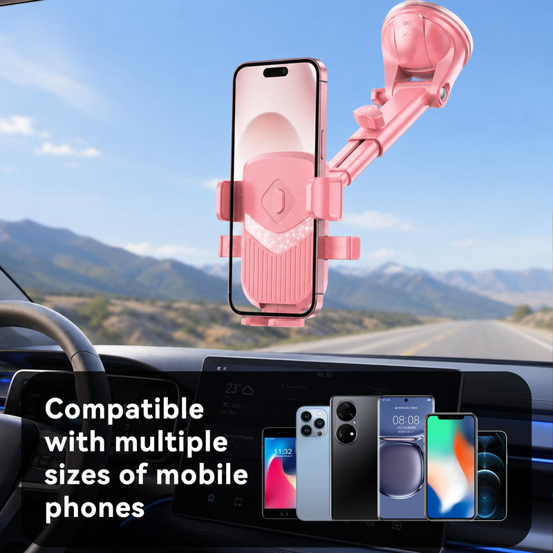 Car Phone Holder, 360° Adjustable Strongest Suction Vehicle Dashboard Windshield Cell Phone Stand with Hook Clip, Adjustable Hands Free Automotive Smartphone Stand Accessories (Pink) Pink