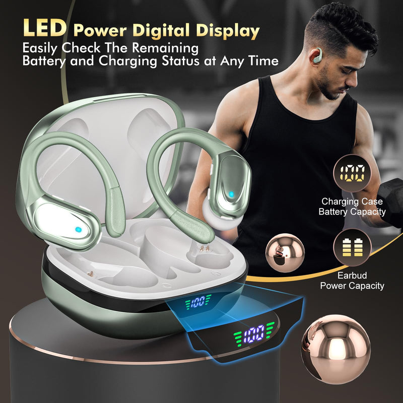 HAOYUYAN Wireless Earbuds, Sports Bluetooth Headphones, 80Hrs Playtime Ear Buds with LED Power Display, Noise Canceling Headset, IPX7 Waterproof Earphones for Workout/Running（Light Green）