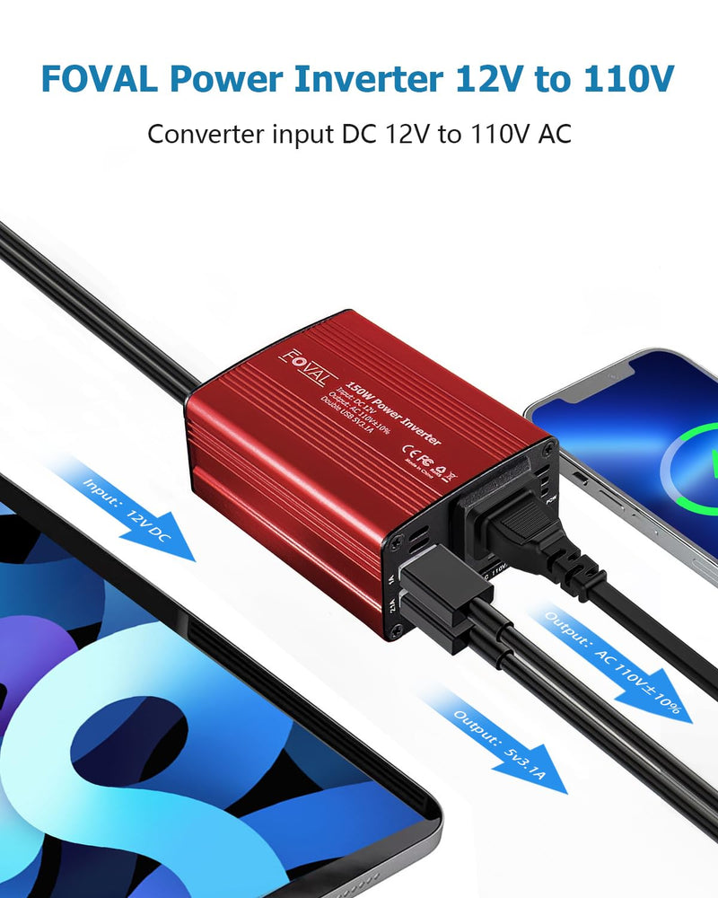FOVAL 150W Car Power Inverter 12V DC to 110V AC Converter Vehicle Adapter Plug Outlet with 3.1A Dual USB Car Charger for Laptop Computer (Classic Red) Classic Red