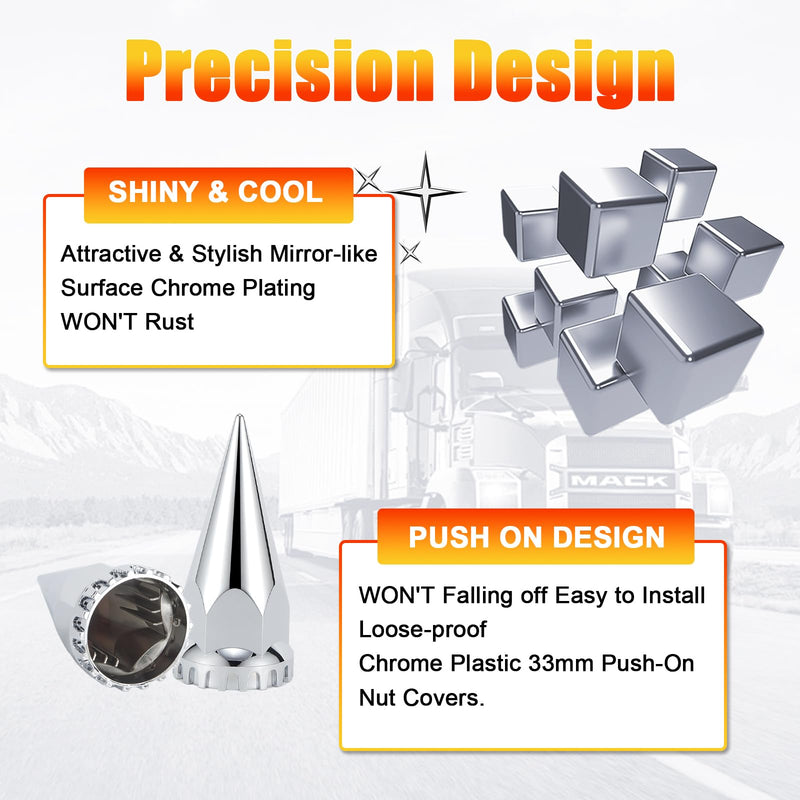 33mm x 4-3/4" Chromed Spike Lug Nuts Covers Push-On, ABS Chrome Plastic Caps Pointed Push-On Lug Nut Cover for Semi Trucks, 20 PCS 4-3/4" Silver-20