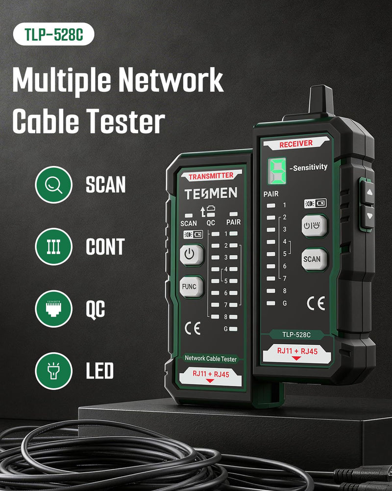 TESMEN TLP-528C Network Cable Tester, RJ11 RJ45, Ethernet Wire Tracer Toner for CAT5/CAT6 with Continuity & QC, LAN and Telephone line Finder, Suitable for Cable Maintenance and Sorting - Green